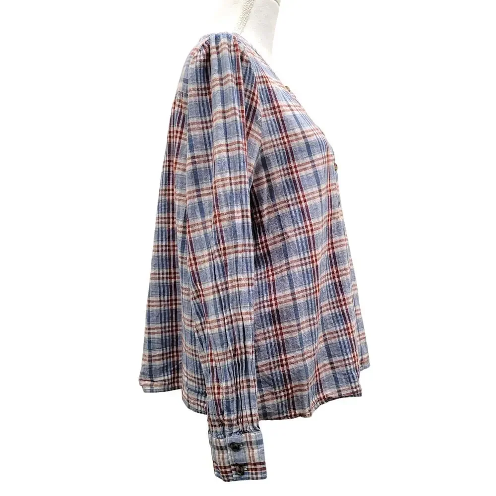 Madewell Popover Blouse Top Blue Plaid Puff Sleeve Swing Pleated Cotton Linen